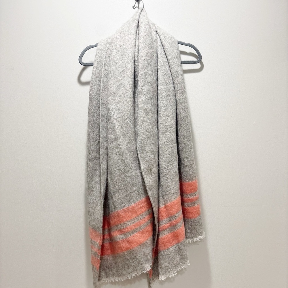 LOFT Gray/Taupe with Coral Stripe Accent Frayed Scarf Coastal Preppy NEW